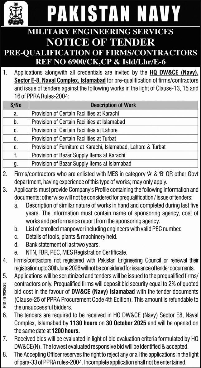 Pakistan Navy Tender Notice